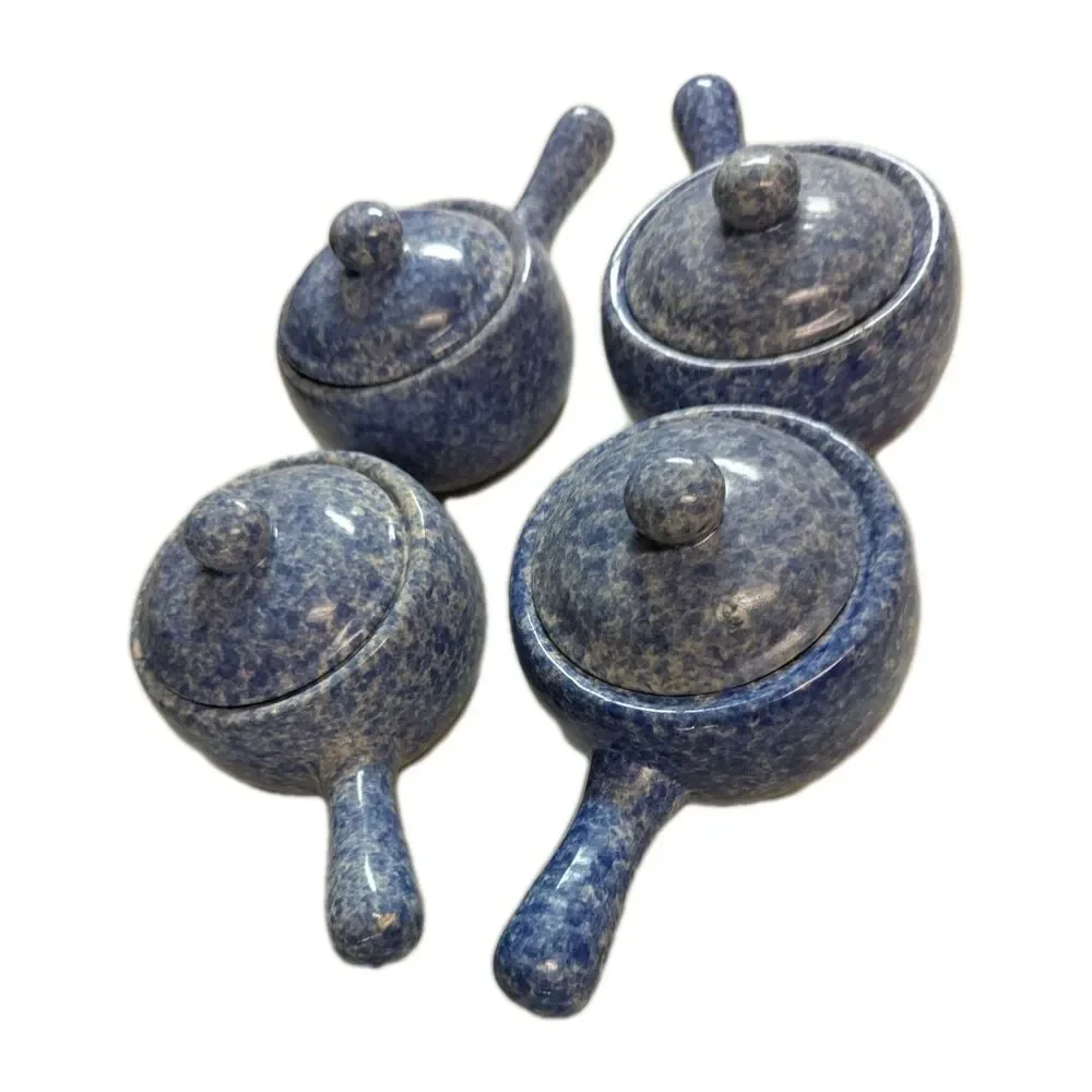 Vintage Bleu Co Gailst Blue Spongeware Lidded Soup Crocks - Set of 4 - Picture 9 of 15